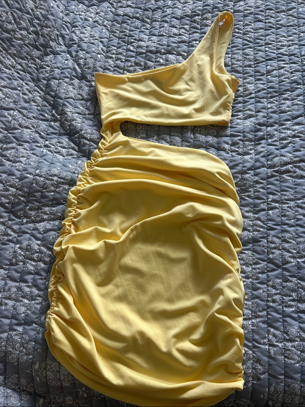 One-Shoulder Yellow Ruched Cutout Mini Dress